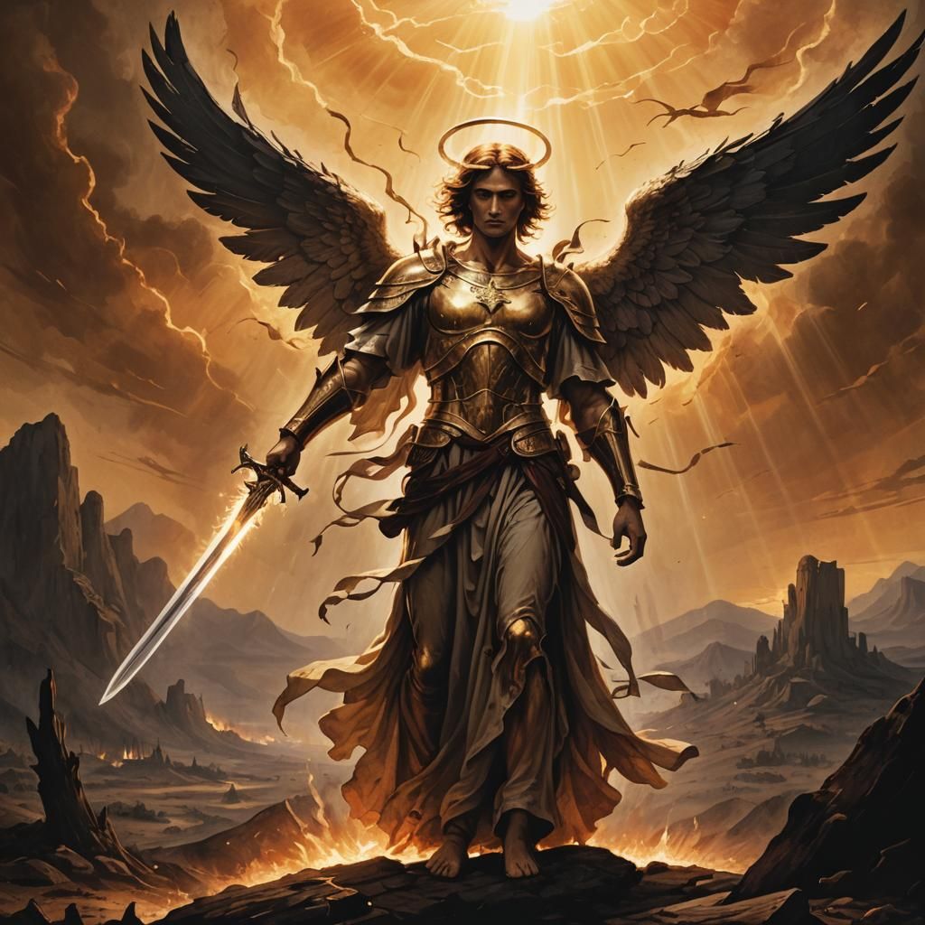 Biblical Angel Illuminates Ravaged Land with Fiery Sword