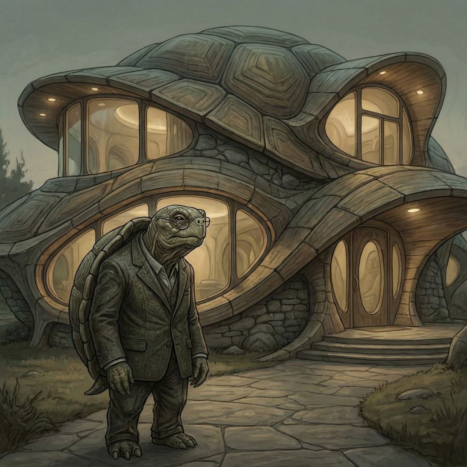 Civilized Turtle Being in Modern Turtle Shell House