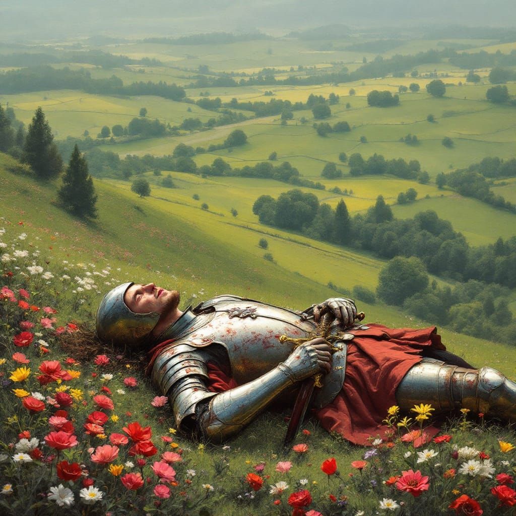 Fallen Knight on Flowered Hillside