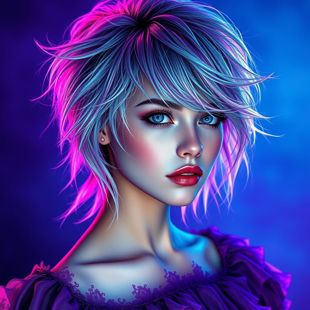 Stunning Woman with Vibrant Silver Hair in Triadic Colors