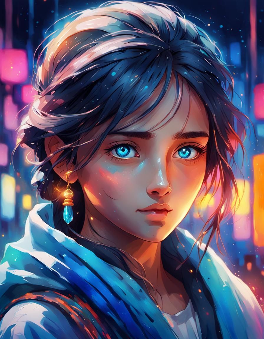 Young Afghan Refugee Girl in Vibrant, Dreamy Watercolor Land...