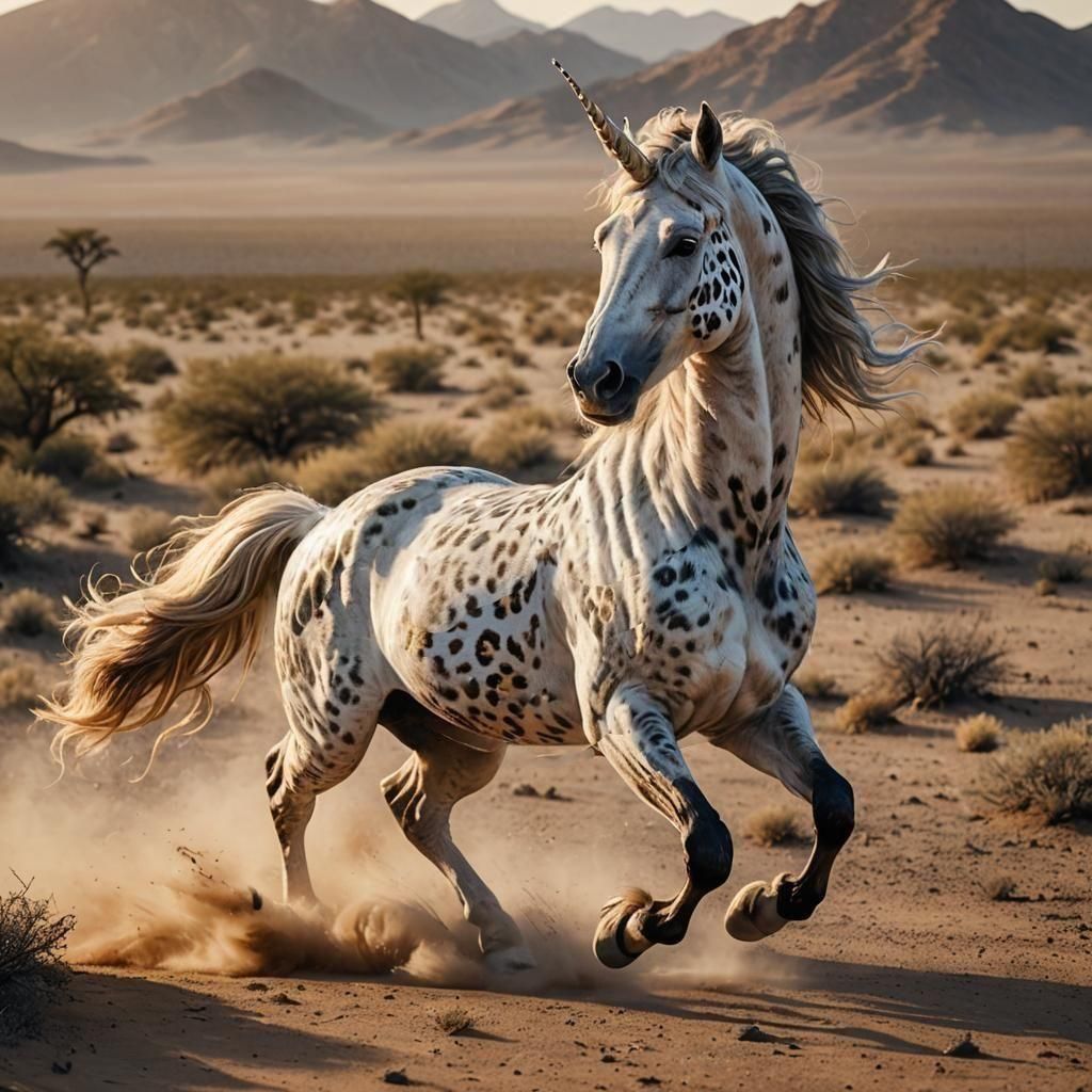Cyberpunk Unicorn Gallops in Desert Landscape