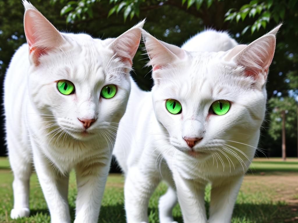 Green-Eyed White Cat in a Sunny Park