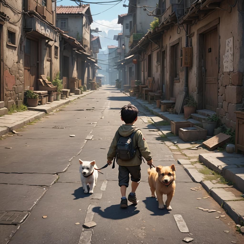 Puppy and Child Foraging in Deserted Town in 3D Anime Style