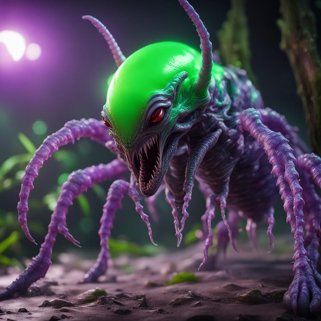 Menacing Alien Insect in Purple World