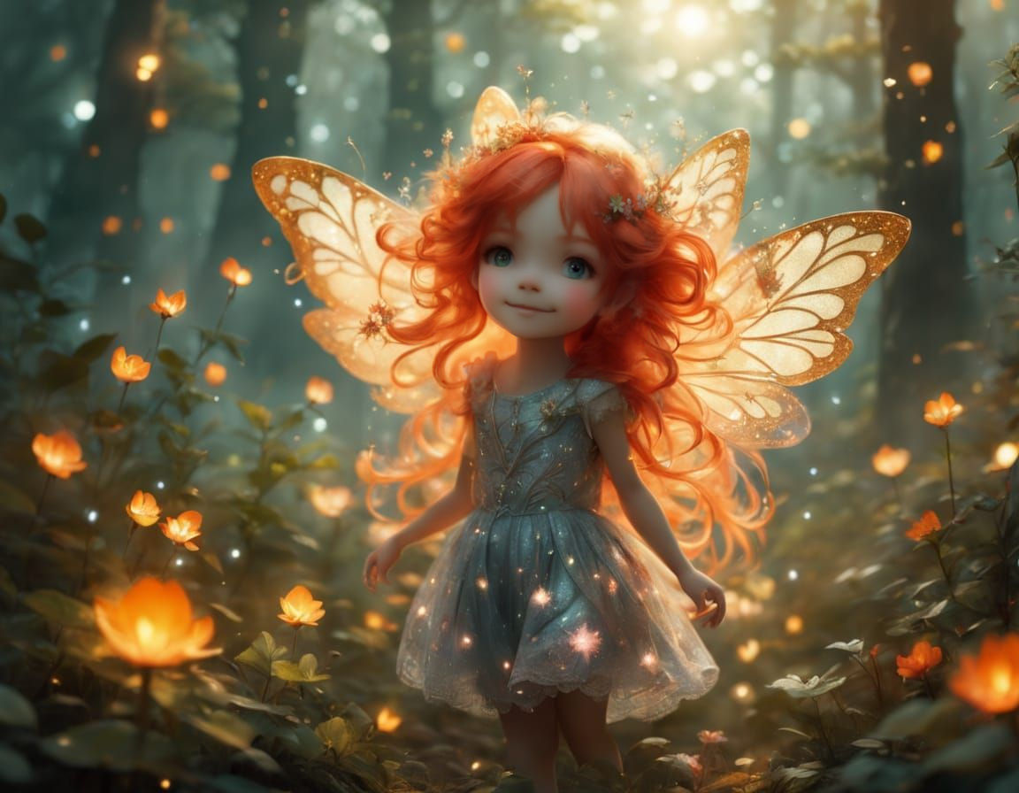Enchanted Forest Pixie with Fireflies in Ethereal Light
