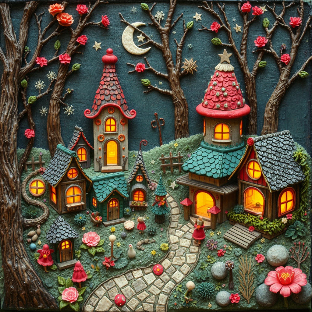Enchanting Fairy Village in Naive Art Style