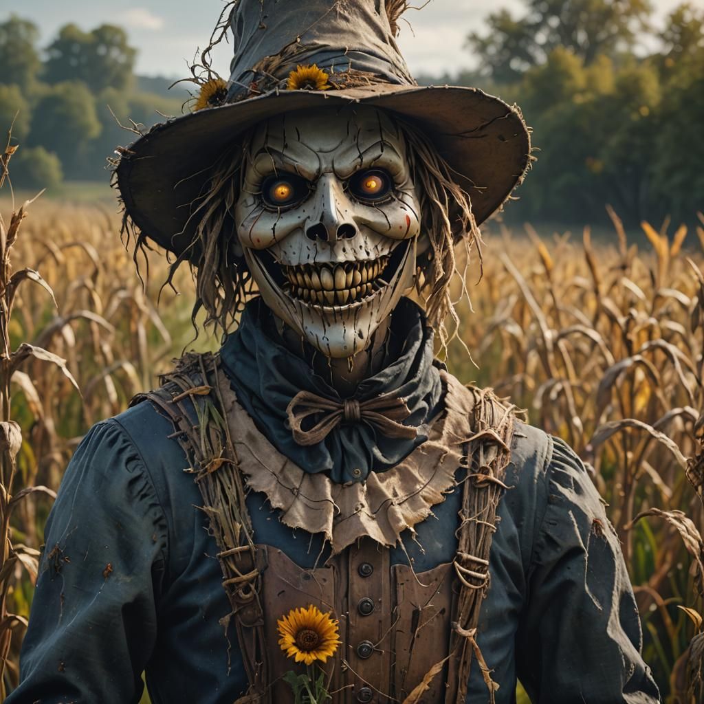 Creepy Scarecrow Smile in Field, Detailed Matte Painting
