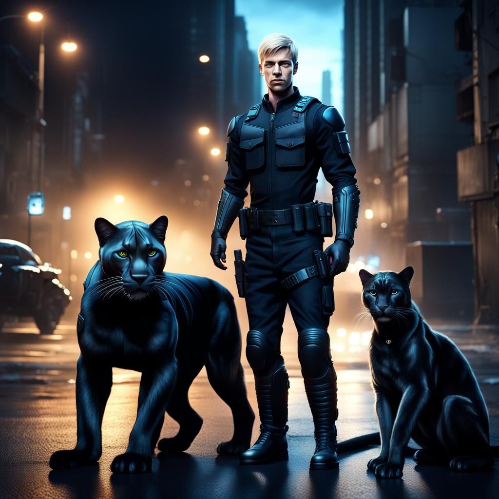 Man and Panther in Noir Cityscape