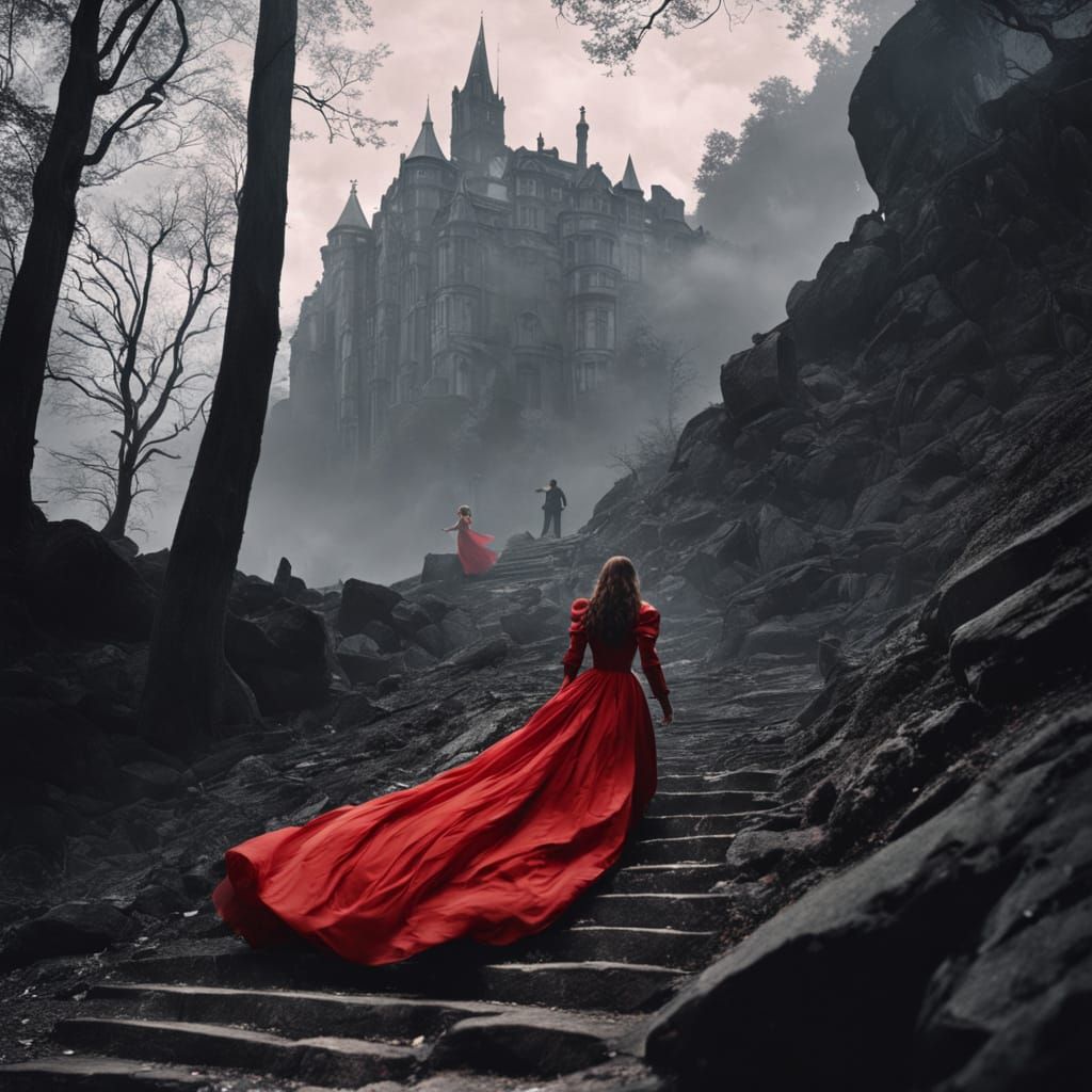 Princess in Red Dress Watches Man Fall Down Hill