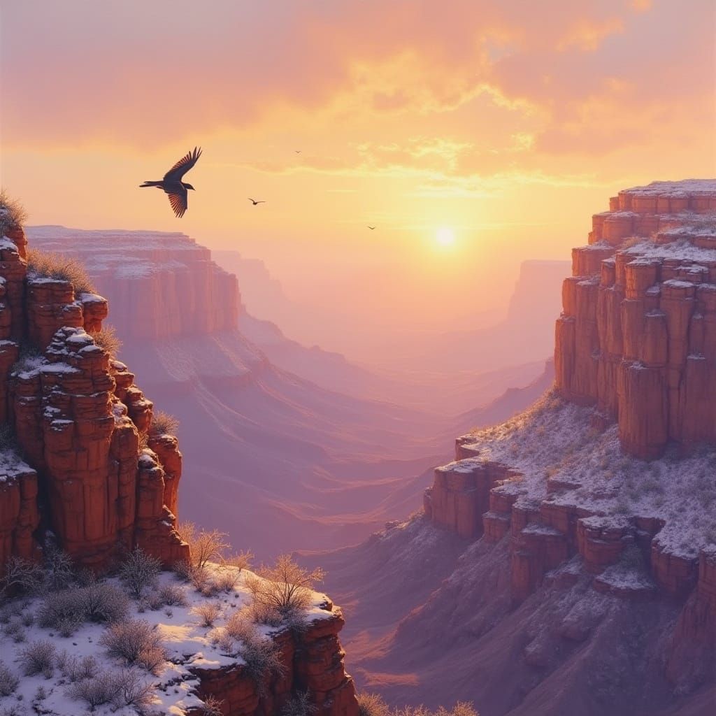 Sparrow soars amidst serene Grand Canyon sunset with gentle ...