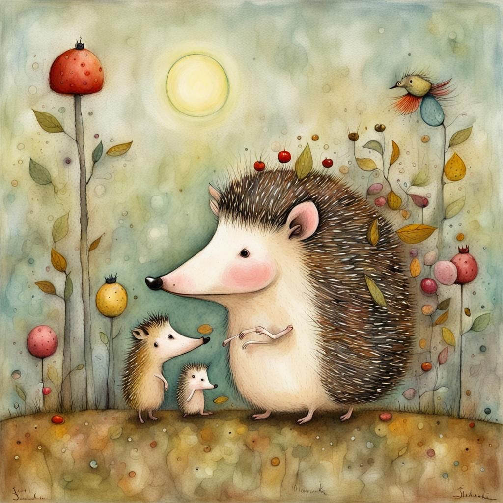 Whimsical Hedgehog and Friends in Magical Illustration