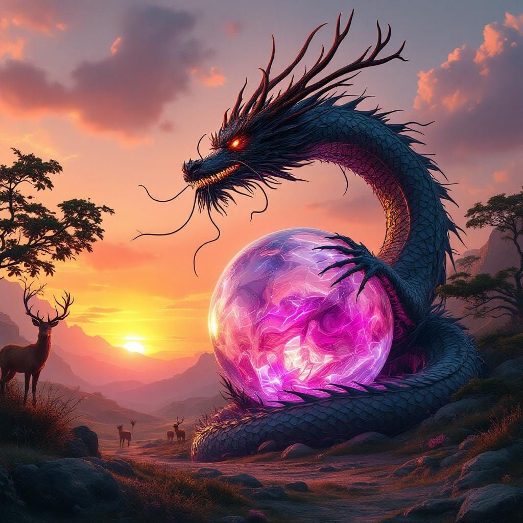 Rusty Dragon Grips Glowing Pearly Ball at Sunset