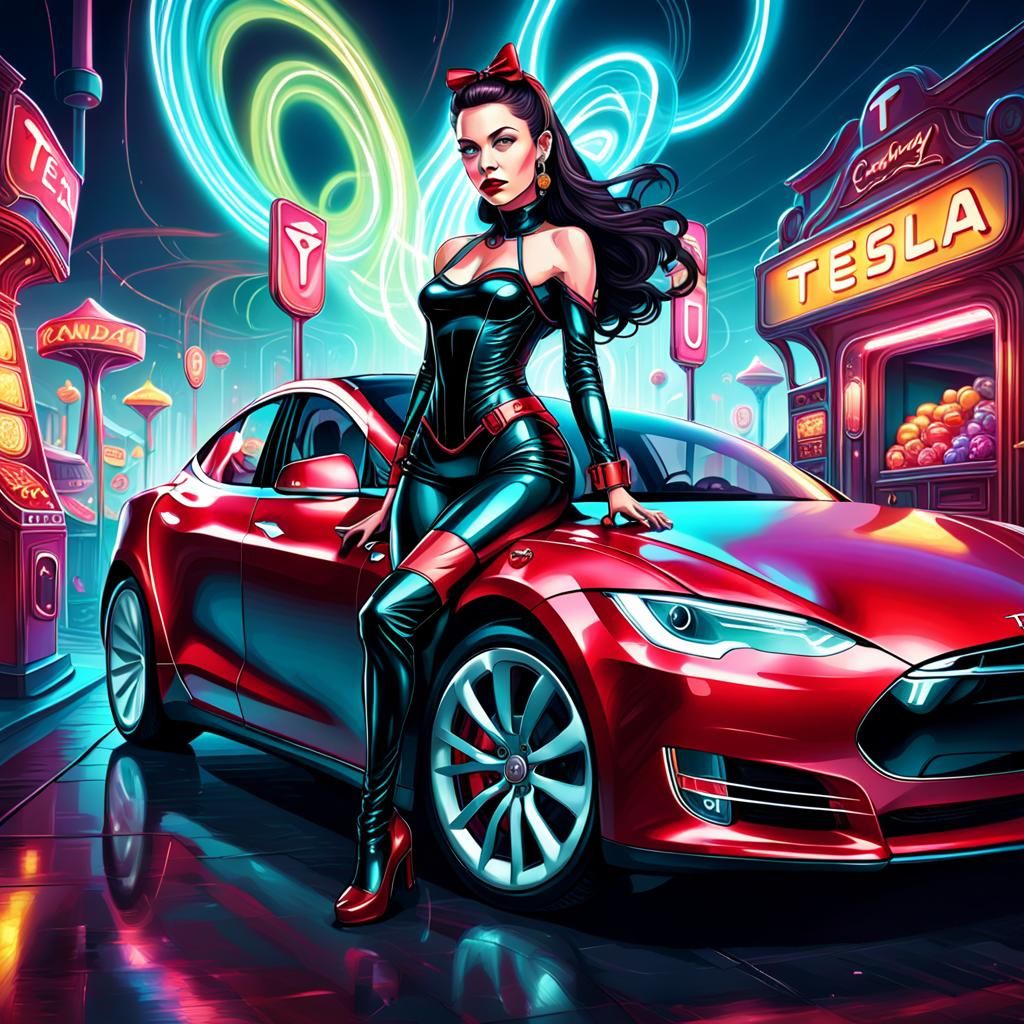 Tantalizing Mistress on Tesla in Candy Art Style