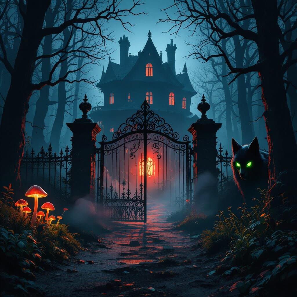 Creepy Forest Path With Haunted Mansion At Night