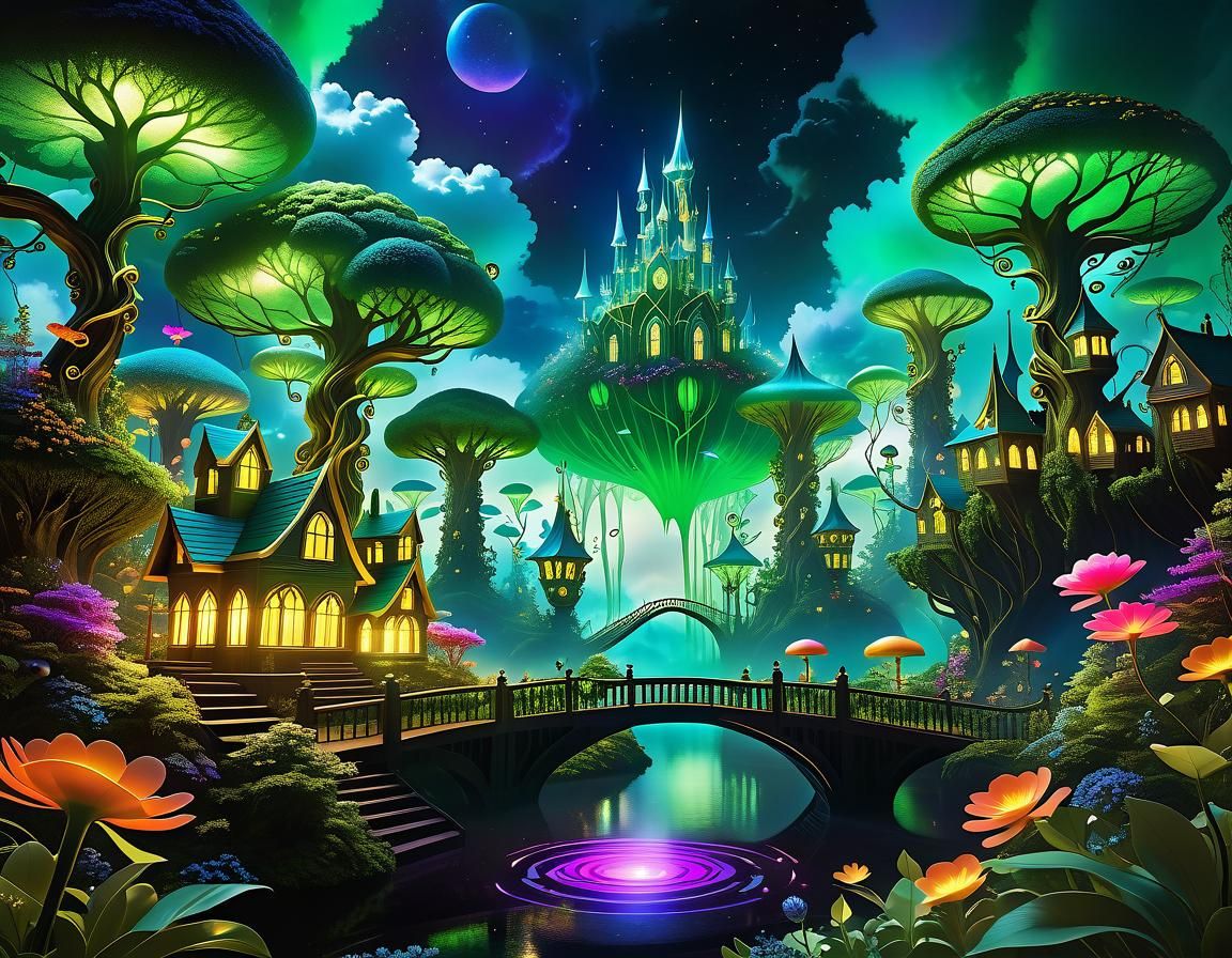 Neon Crystal City Above Enchanted Landscape