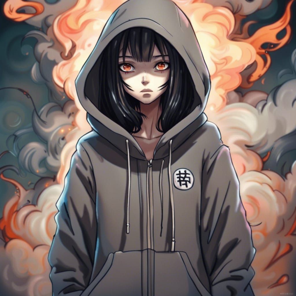 Moody Anime Girl in Hoodie with Graffiti Background