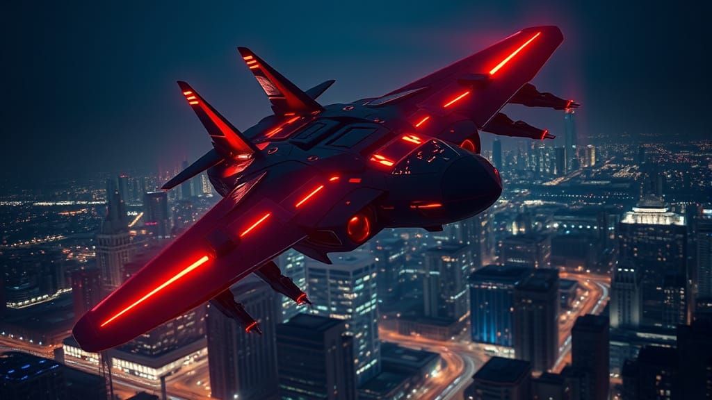 Cyberpunk Raven Fighter Jet Soars Over Cityscape