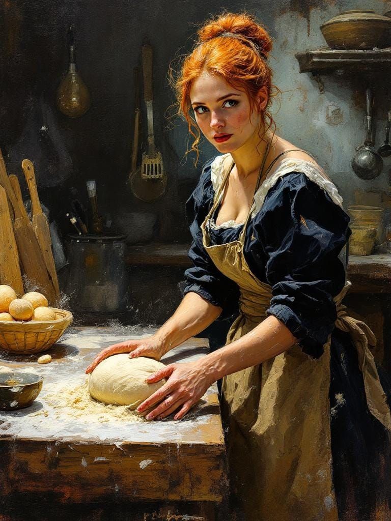 Redhead Baker Kneading Dough, Impasto Painting Style