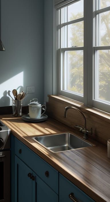 A quiet kitchen bathed