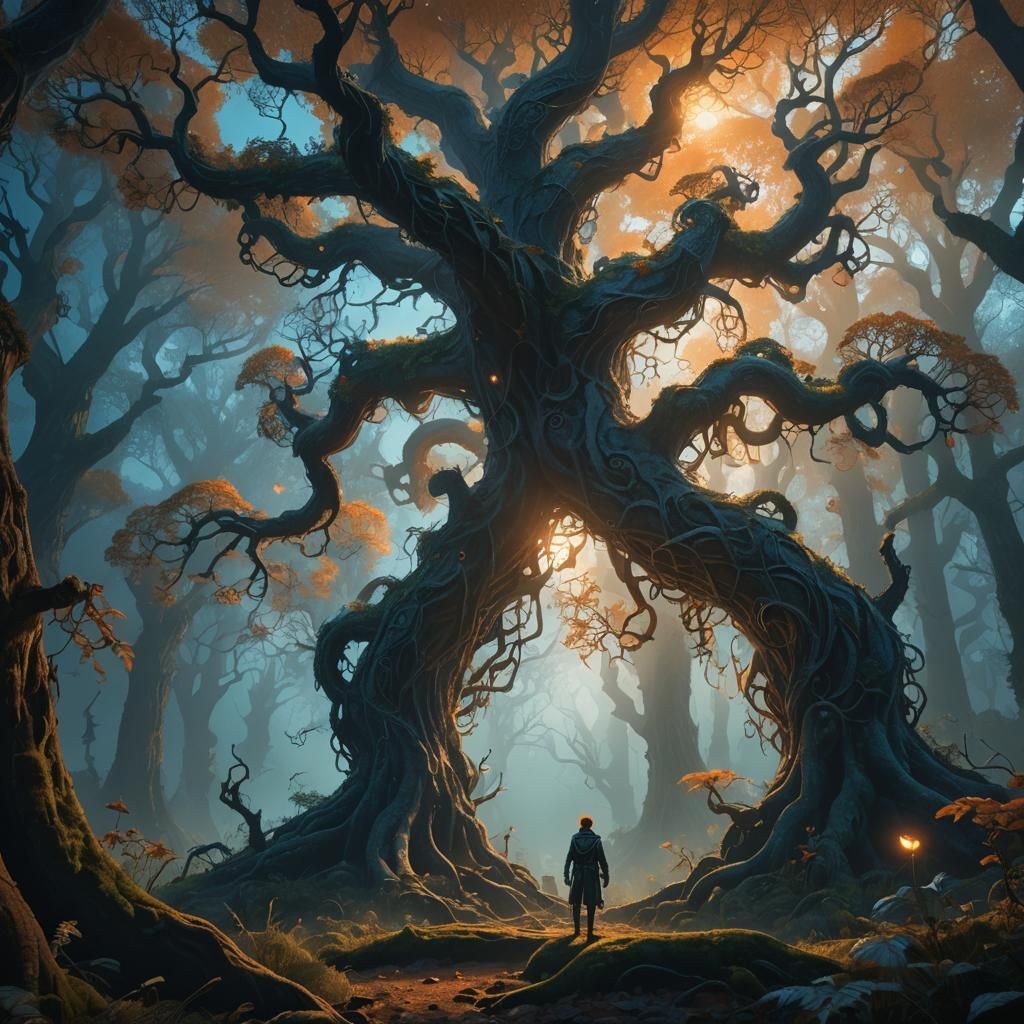 Mystical Forest: Lone Figure in Ethereal Light