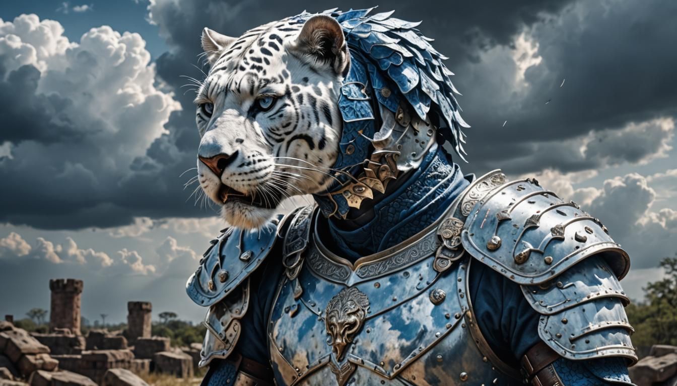 Injured White Panther Warrior in Damaged Armor