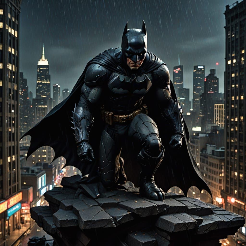 Batman Watches Over Gotham City at Night in a Cinematic Film...