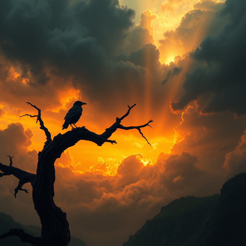 Crow in a Fiery Sky, Digital Landscape Art