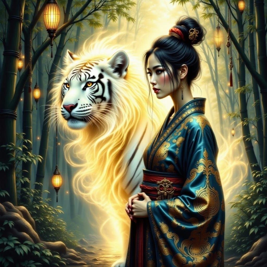 Geisha Samurai with Neon Tiger in Twilight
