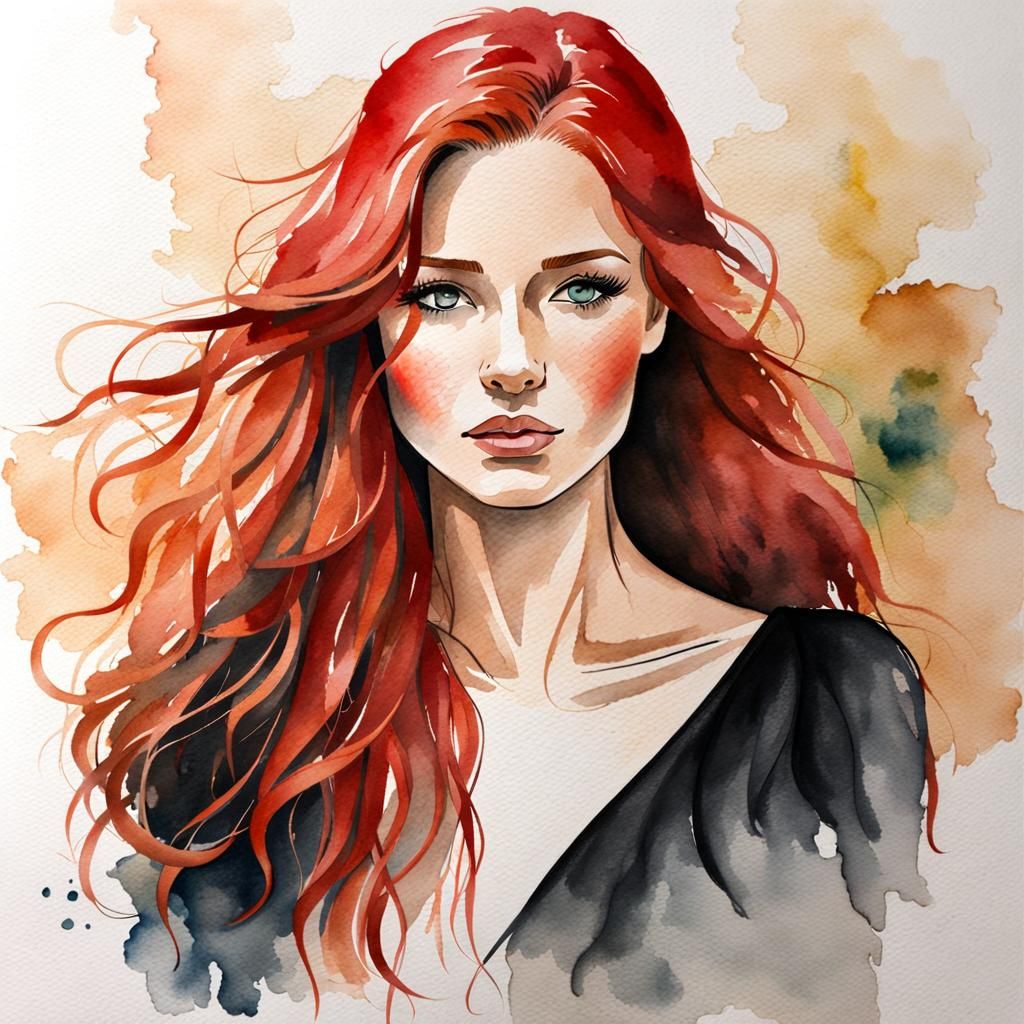 Watercolor Portrait of a Red-Haired Woman
