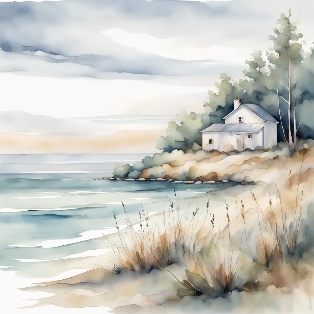 Tranquil Coastal Landscape in Watercolor Style