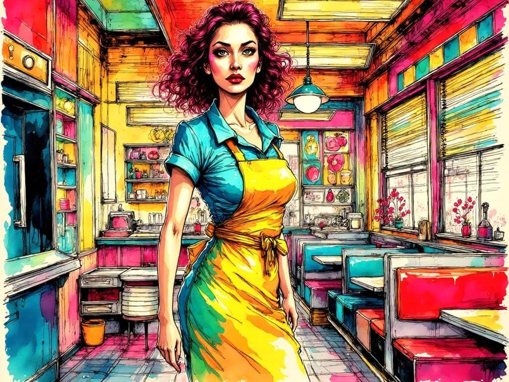Vibrant Eighties-Inspired Diner Scene in Ink Drawing Style