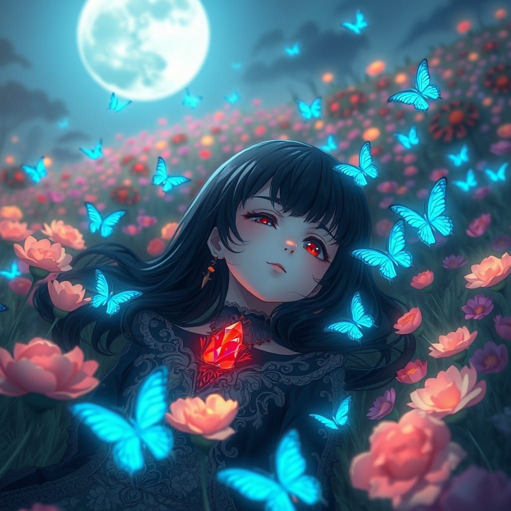 Anime Girl in Flower Field with Butterflies