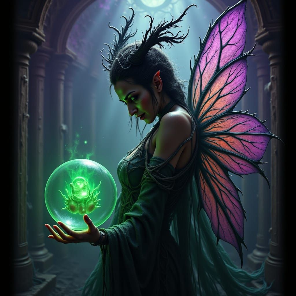 Alien Fairy Goddess with Glowing Orb in Nebula