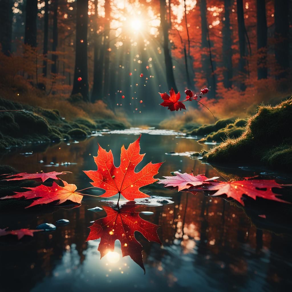 Double Exposure Maple Leaf Sunrise in Nature