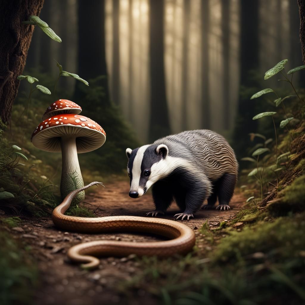 Badger and Snake Encounter in Photorealistic Woods