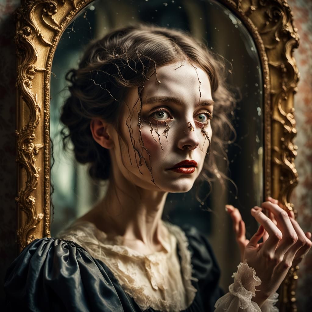 Eerie Lady Reaching for a Haunted Mirror
