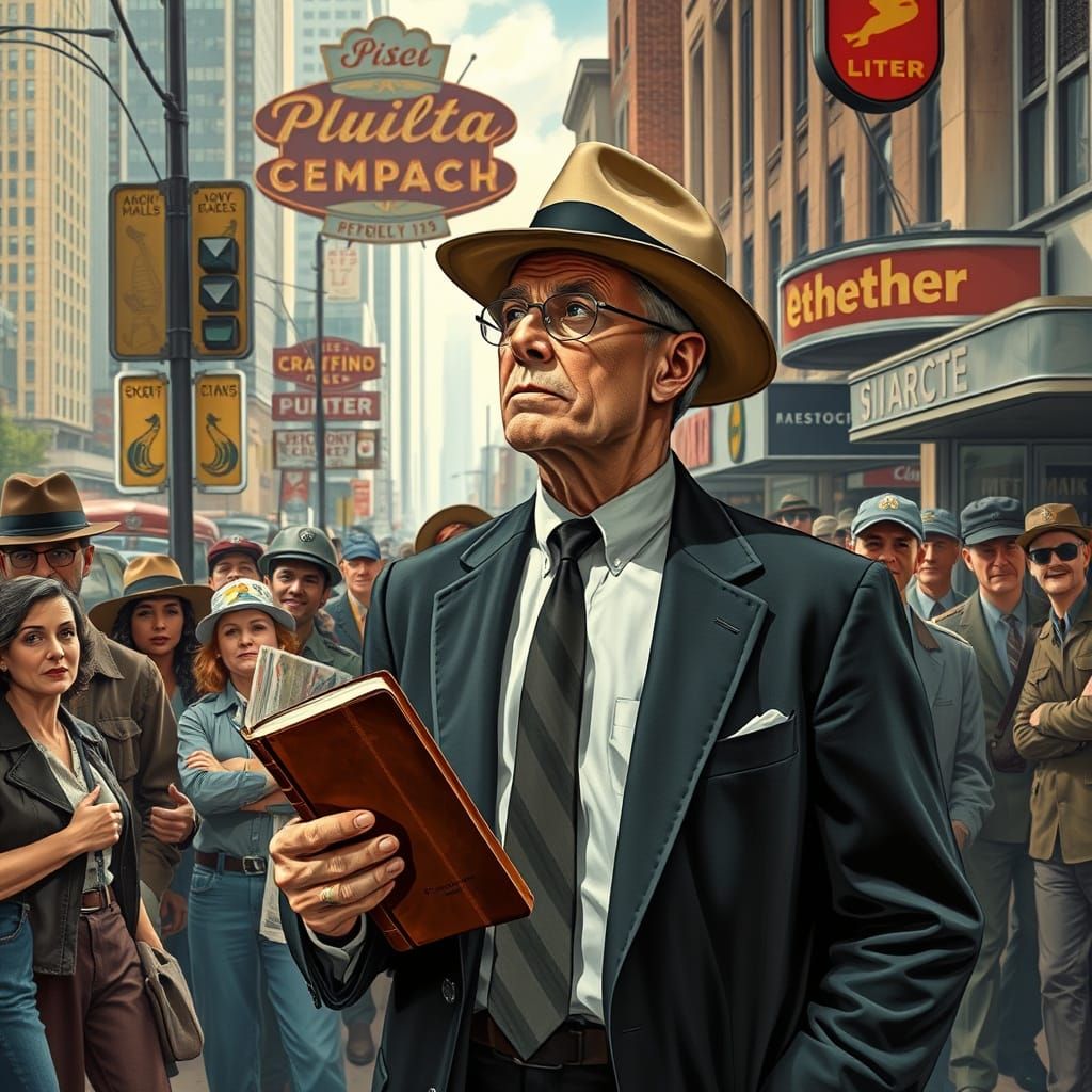 Preacher Contemplates Crowd on 1950s Street Corner