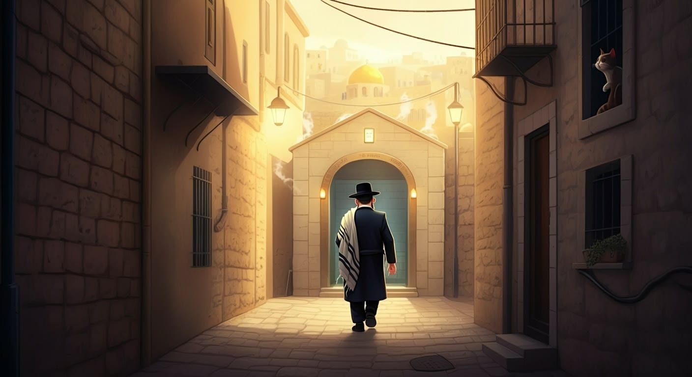 Dignified Hasidic Man Walks Towards Mikveh in Whimsical Jeru...