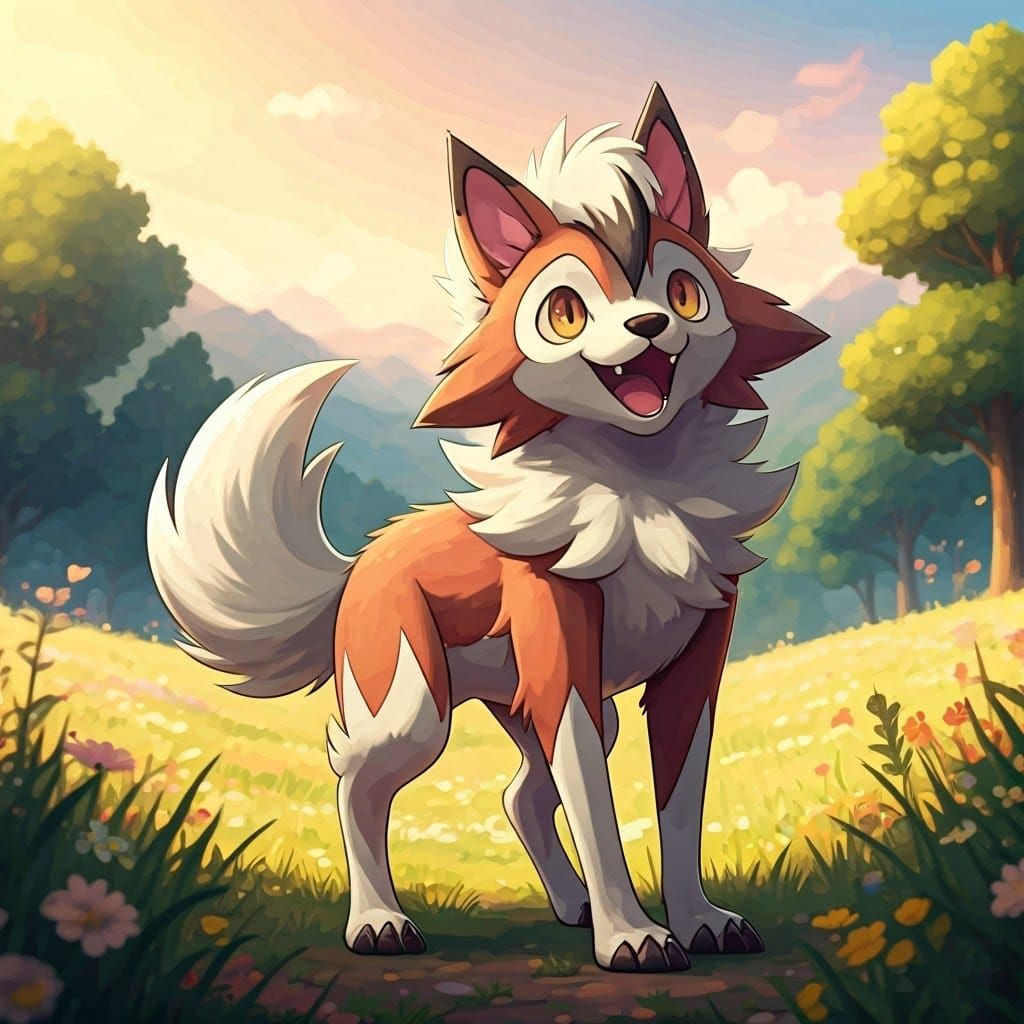 Whimsical Lycanroc in Vibrant Fantasy Landscape