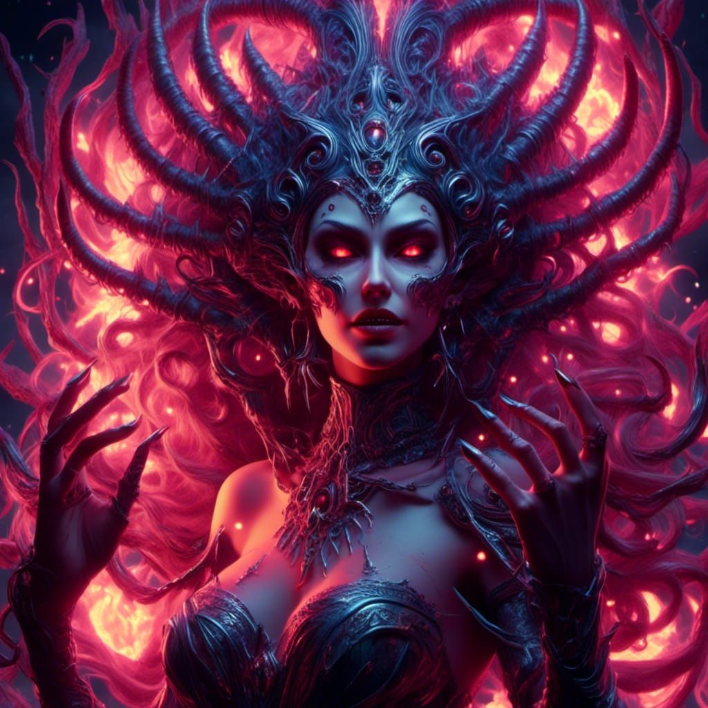 Voluptuous Sorceress Casting Arcane Spell in the Dark