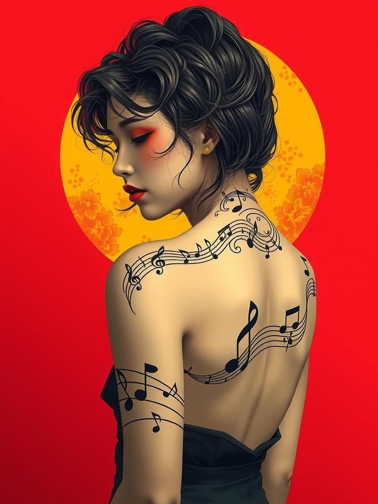 Japanese Woman with Musical Tattoo in Ukiyo-e Style