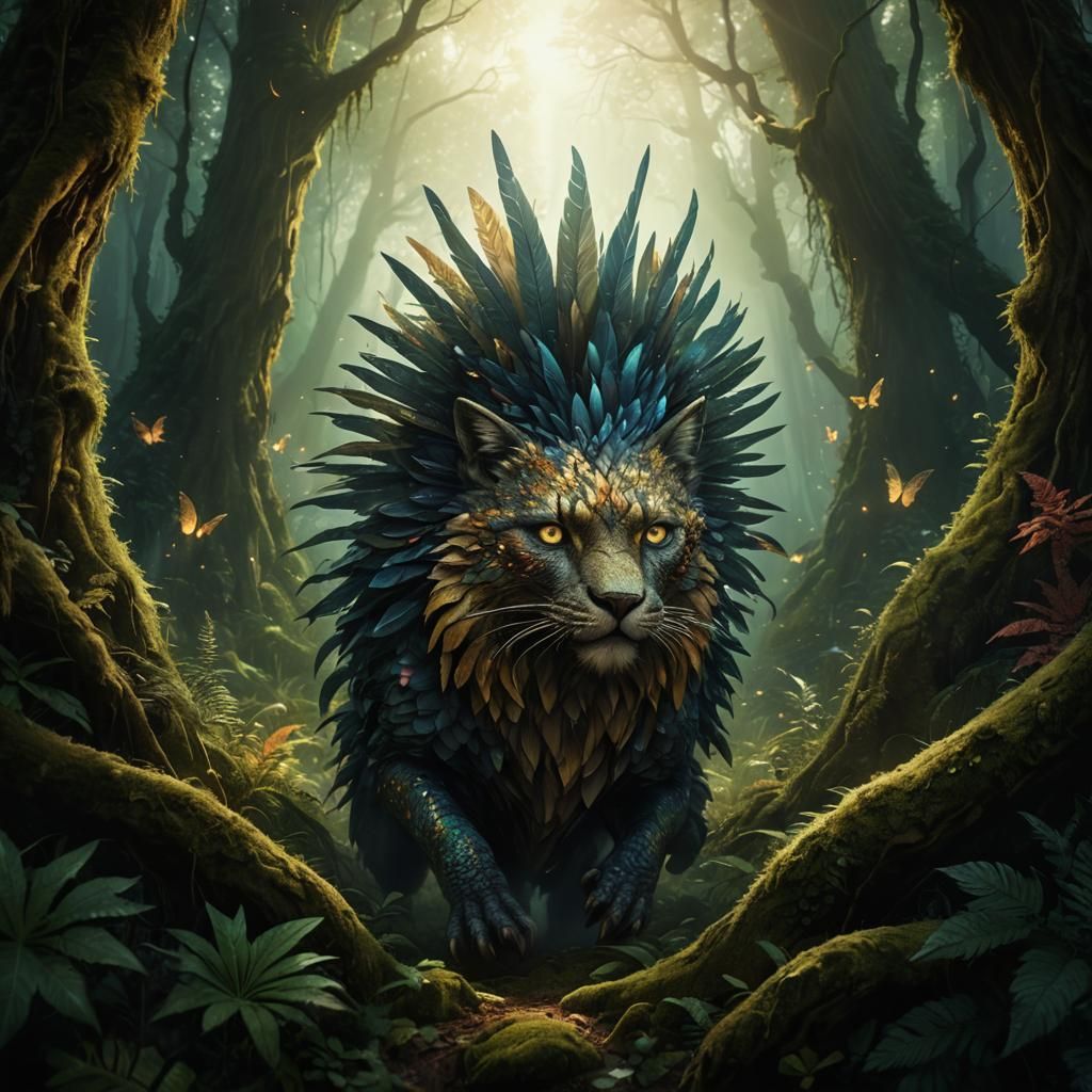 Mythical Creature Leaping Through Enchanted Forest