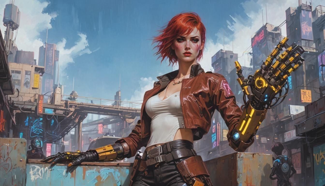 Cyberpunk Female Gang Member in Neon Cityscape