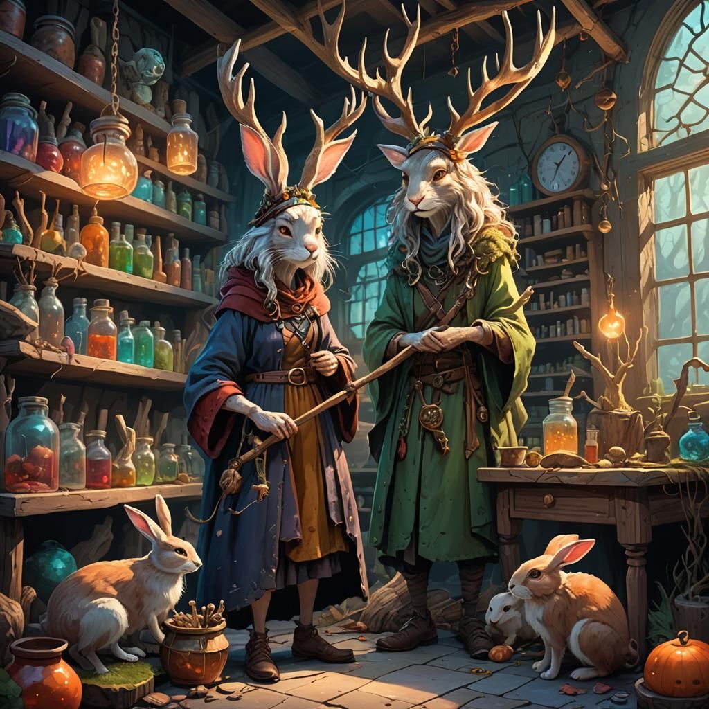 Druid Witch in Laboratory: Whimsical Fantasy Art