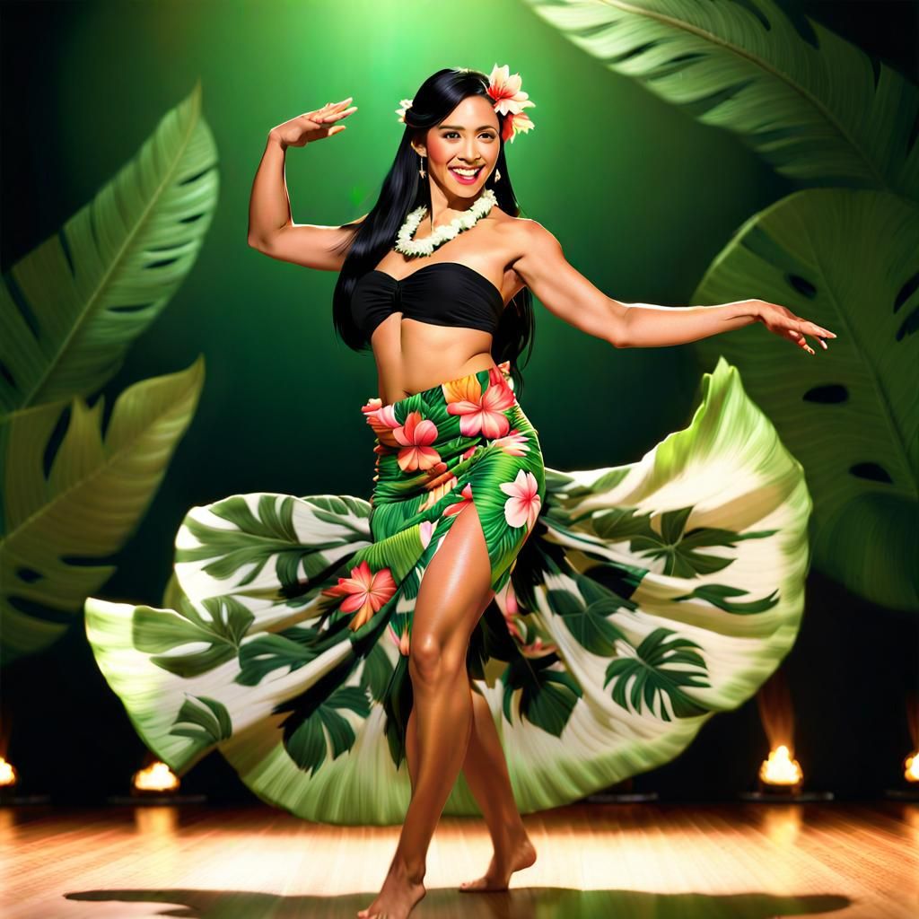 Hawaiian Woman Dances Hula on Torch Lit Stage