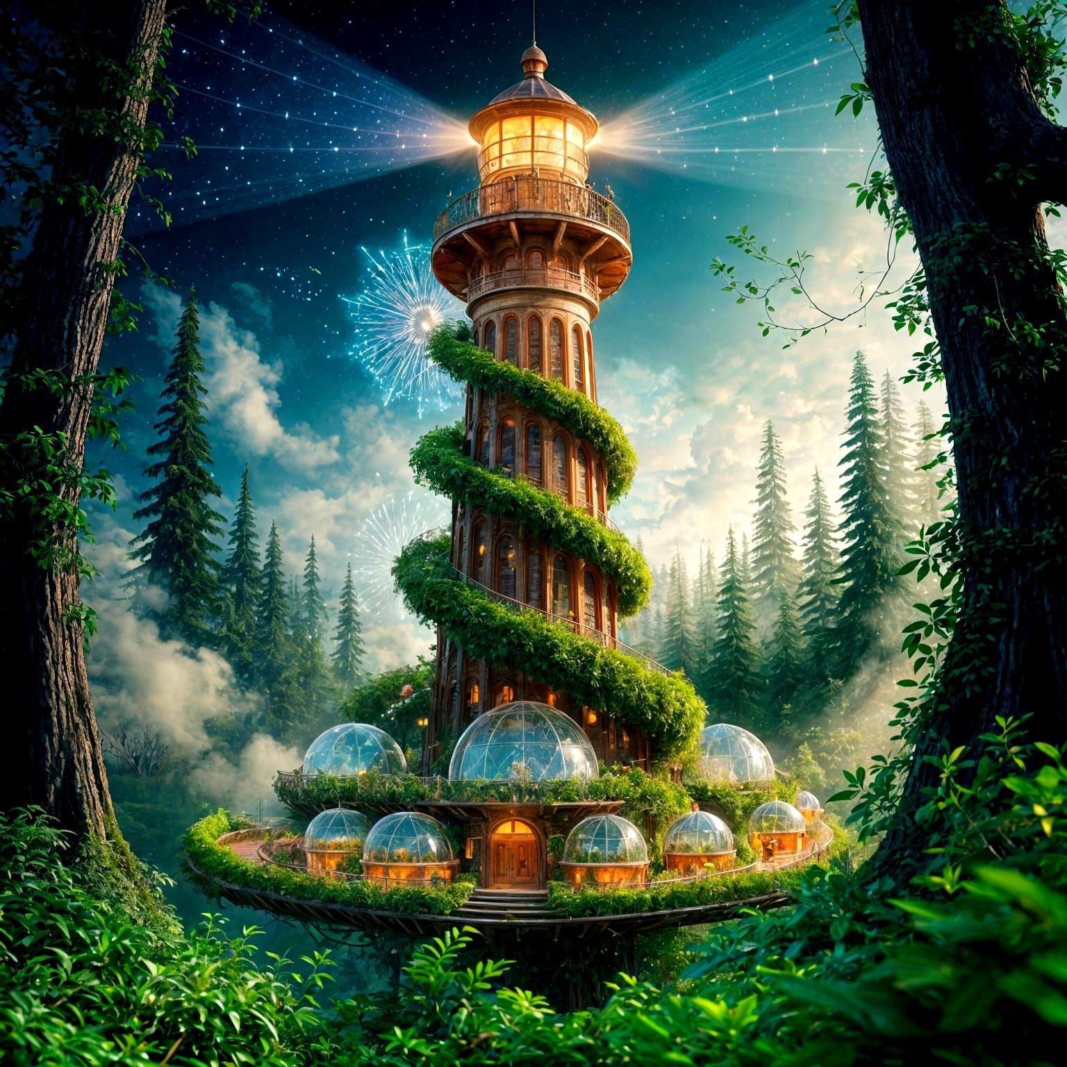 Luminous Copper Lighthouse Ascends from Whimsical Forest