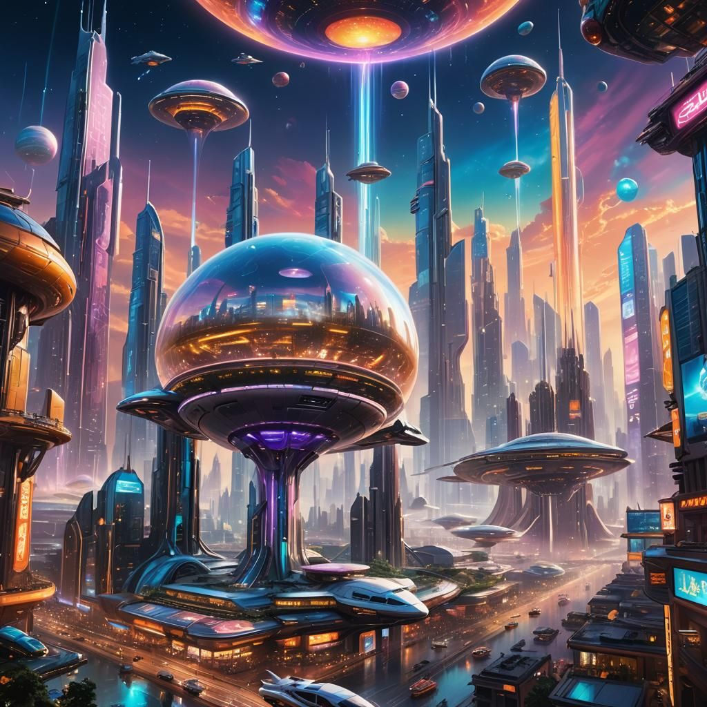 Ethereal Metropolis with Bubble Skyscrapers and Spaceships