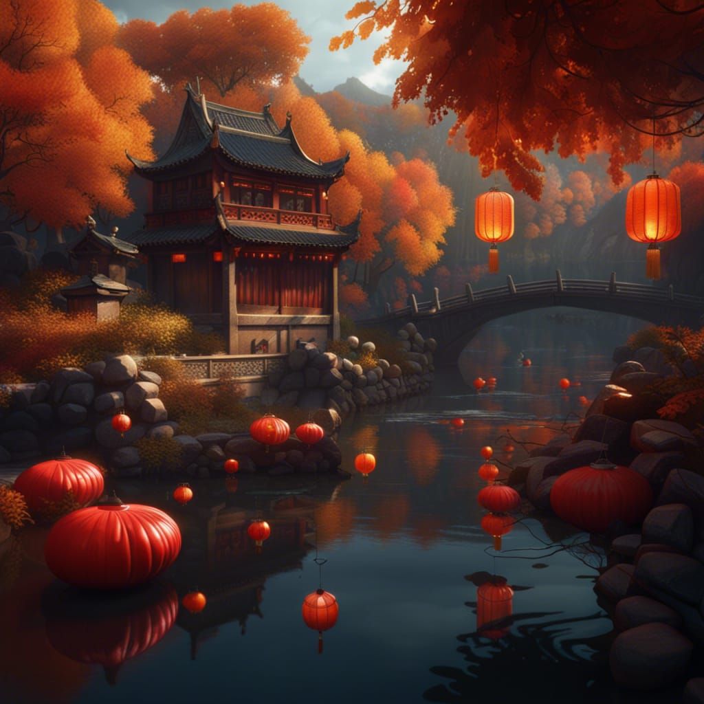 Autumn River Landscape with Chinese Lanterns
