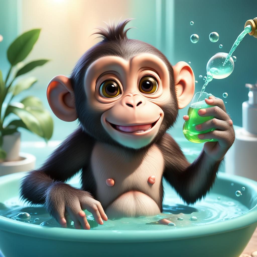 Baby Monkey's Bubbly Bath: Pixar-Style 3D Art